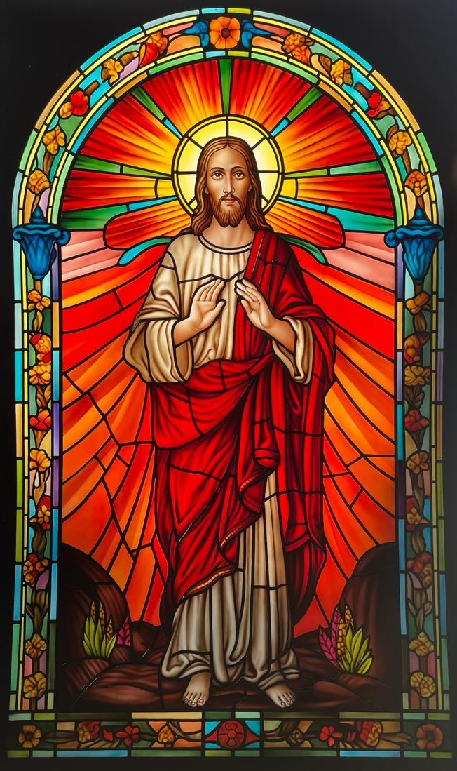 Vibrant glass painting with light reflections